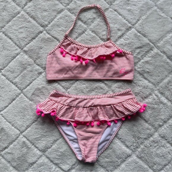Betsey Johnson | Pink And Cream Seersucker Pompom Trimmed Bikini Set | Size 12 - Picture 2 of 7